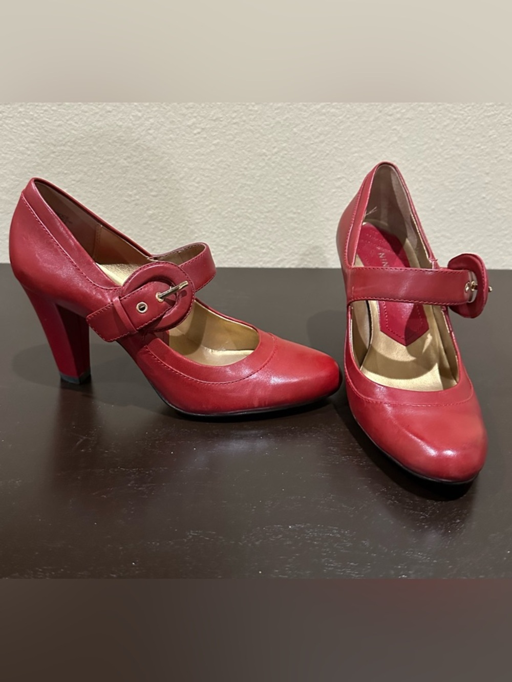 Nine West Red Leather Mary Jane Heels with Round Buckle